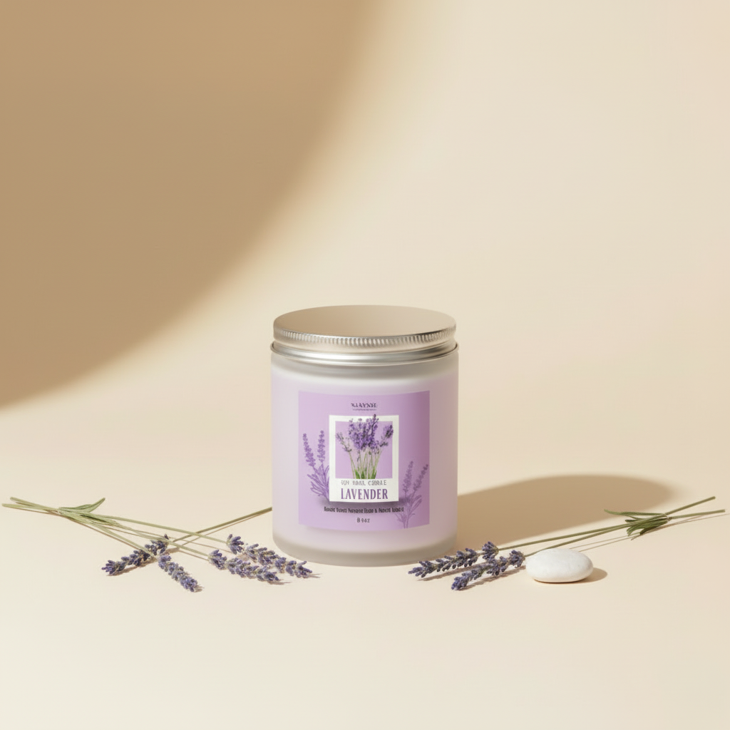 Lavender soy wax candle in elegant setting